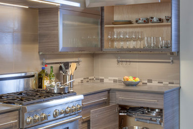 Inspiration for a large contemporary l-shaped light wood floor and brown floor enclosed kitchen remodel in San Diego with a single-bowl sink, flat-panel cabinets, gray cabinets, quartz countertops, gray backsplash, porcelain backsplash, stainless steel appliances and an island