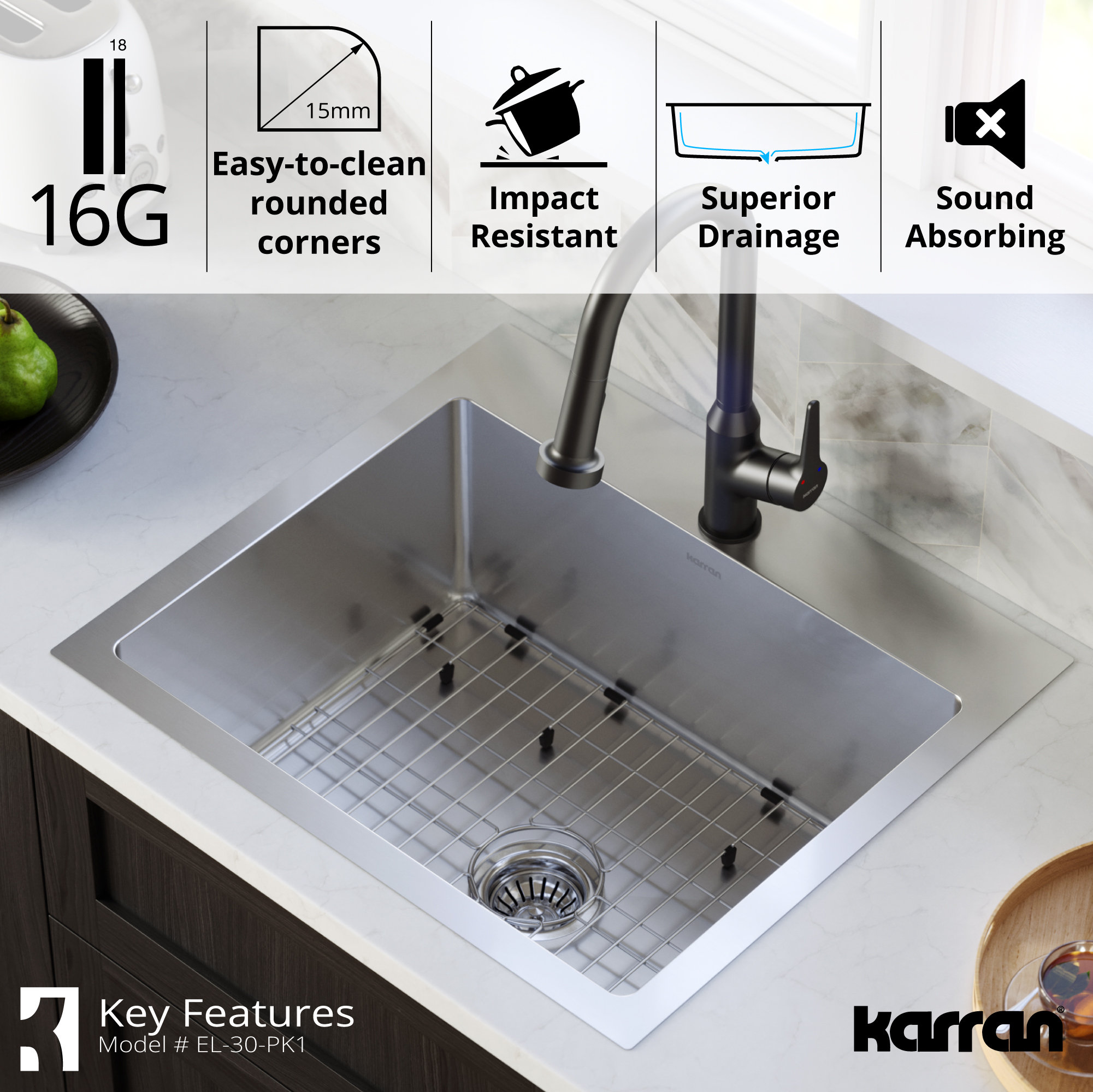 Karran Top Mount Stainless Steel 25" 16-Gauge Drop-In Single Bowl Sink Kit