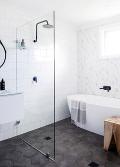 Modern bathroom with curbless shower and hexagon tiles on Craiyon