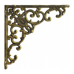 Import Wholesales - Decorative Cast Iron Wall Shelf Bracket, Ornate Curls, Gold, 7.75" Deep - Brackets