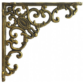 Decorative Cast Iron Wall Shelf Bracket, Ornate Curls, Gold, 7.75" Deep