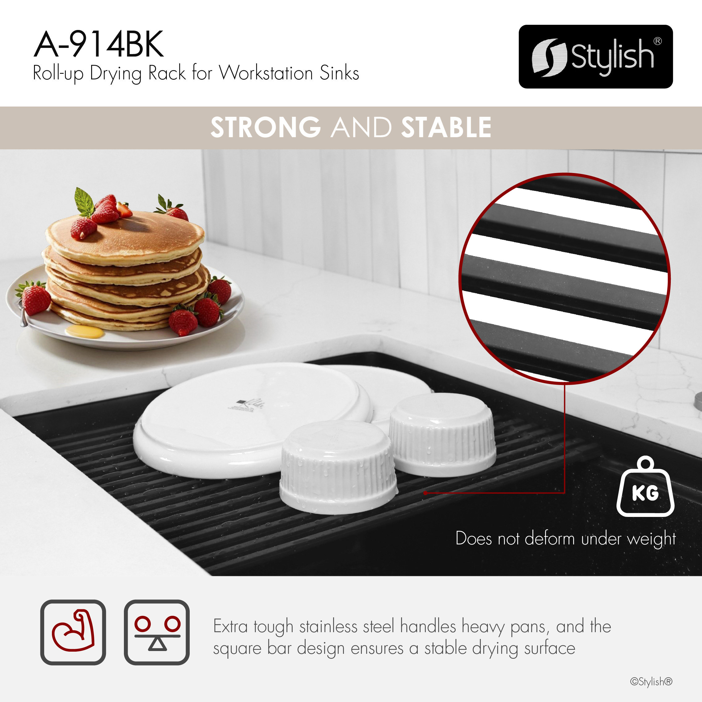 STYLISH 15 1/4" Black Workstation Sink Roll-up Drying Rack/Trivet