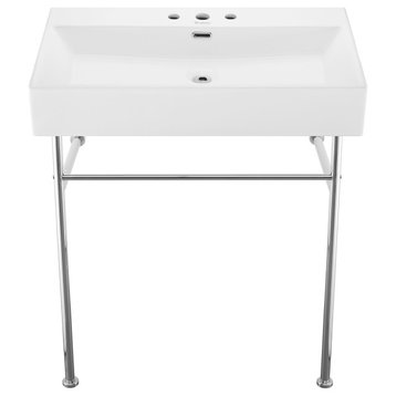 Claire 30" Console Sink White Basin Chrome Legs With 8" Widespread Holes