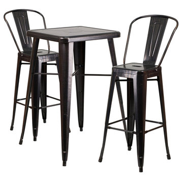 Black-Antique Gold Metal Indoor-Outdoor Bar Table Set With 2 Barstools
