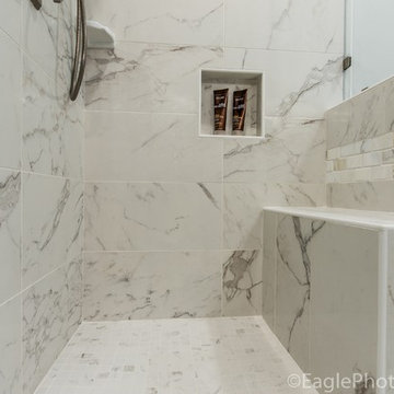 grey & White master Bath w/ exotic granite
