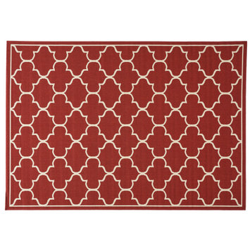 GDF Studio Vivian Outdoor Geometric  Area Rug, Red and Ivory, 6'7"x9'2"