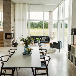 エスビャールのモダンスタイルのLDKの画像 (コーナー設置型暖炉、グレーの床)