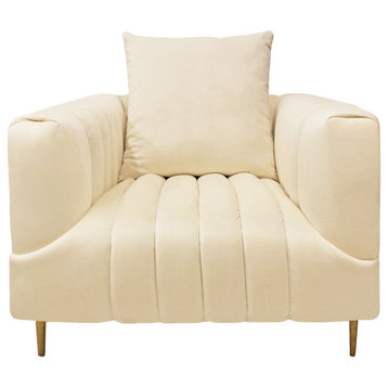 Ruth Lounge Chair with 1 Toss Pillow, Ivory, Gold Tone Metal Legs