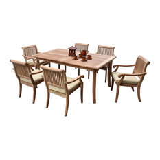 7-Piece Outdoor Teak Dining Set 71" Rectangle Table, 6 Arbor Arm Stacking Chairs