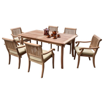 7-Piece Outdoor Teak Dining Set 71" Rectangle Table, 6 Arbor Arm Stacking Chairs