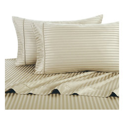 Royal Tradition - 100% Cotton 1000 TC Damask Stripe Sheet Set, Linen, Queen - Sheet And Pillowcase Sets
