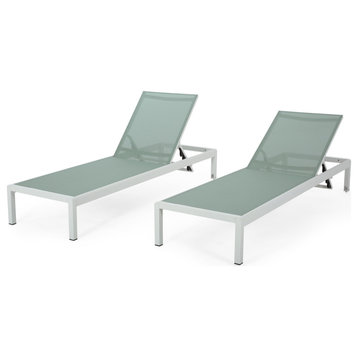 GDF Studio Crested Bay Outdoor Gray Aluminum Chaise Lounge, Green/White, Set of 2