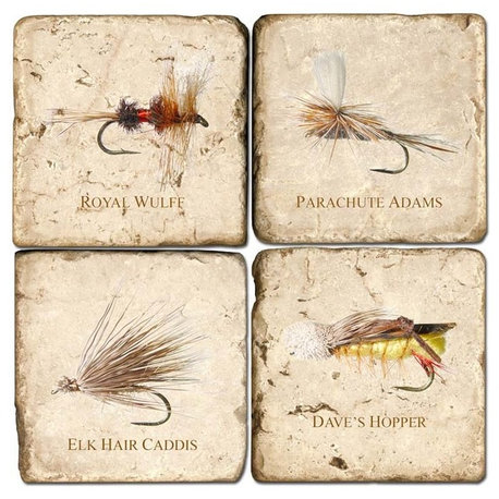 Tumbled Marble Coaster St/4 With Coaster Stand, Fishing Flies Ii