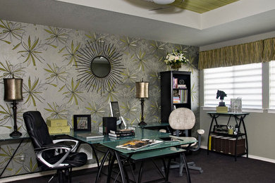 Inspiration for a mid-sized contemporary freestanding desk carpeted study room remodel in Dallas with multicolored walls
