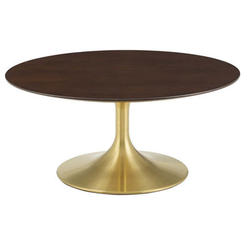Coffee Table, Round, Wood, Metal, Gold Dark Brown Brown Walnut, Modern, Lounge
