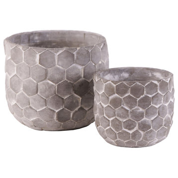 Cement Round Pots With Hexagonal Lattice Pattern Design, 2-Piece Set