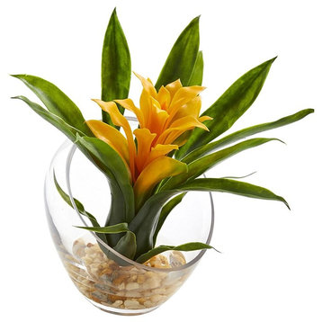 8" Tropical Bromeliad, Angled Vase Artificial Arrangement, Yellow