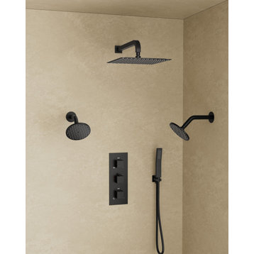 Thermostatic Wall Mount Triple Shower Head Shower System With Valve, Matte Black, 12" & 6" & 6"