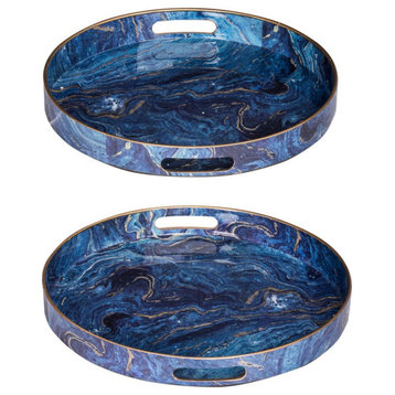Set of 2 Blue and Bronze Modern Chic Round Trays 13.75"