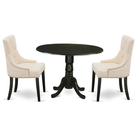 3Pc Dinette Set, Rounded Table, Drop Leaves, Two Chairs, Black