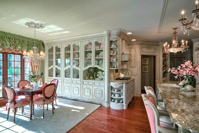 Inspiration for a huge timeless dark wood floor kitchen/dining room combo remodel in Chicago with green walls and no fireplace