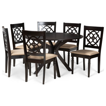 7 Piece Dining Set, Round Table & Chairs With Comfortable Seat, Sand/Dark Brown