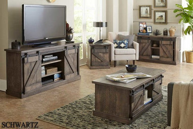 Living room - small rustic living room idea in Milwaukee with a wall-mounted tv