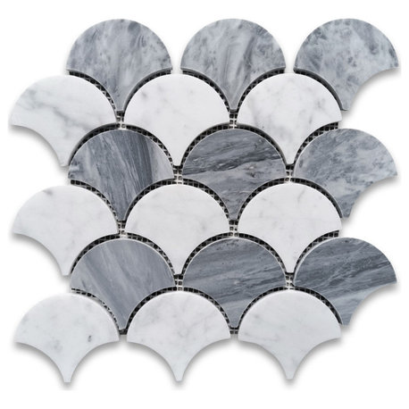 Carrara White Bardiglio Gray Marble Fish Scale Fan Shape Mosaic Tile, 1 sheet