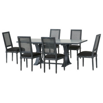 Brownell French Country Wood and Cane 7-Piece Expandable Dining Set, Black/Gray