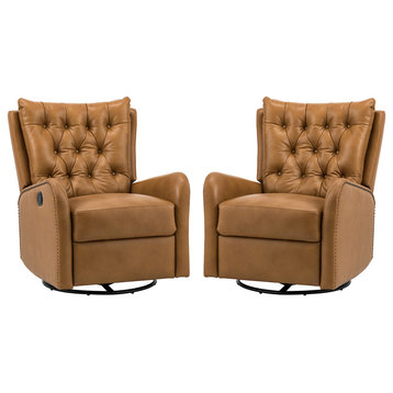 Transitional Genuine Leather Manual Swivel Recliner Set of 2, Camel