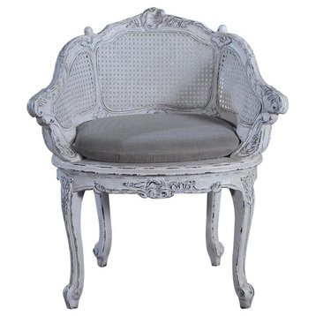 Vanity Chair Antiqued White Pretty Carved Wood Cane Back  Gray Linen