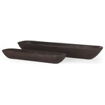 Mercana - Athena Set of 2 Extra Large Black-Brown Reclaimed Wood Trays - A set of two hand-carved extra-long textured trays made of reclaimed wood and finished in a deep, dark brown.