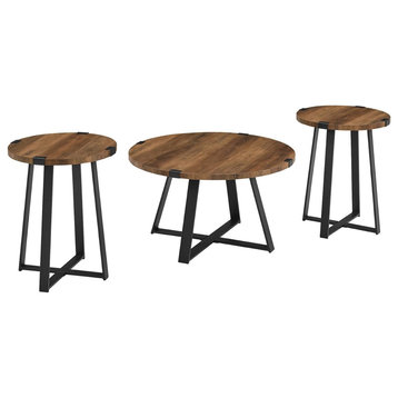 Modern Industrial Coffee Table & 2 End Table Set, Round MDF Top, Rustic Oak