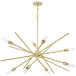 Progress Lighting - Astra Collection Eight-Light 42" Satin Brass Modern Chandelier - The Astra chandelier features a space-age-inspired design perfect for modern and mid-century decor. Eight spoked arms radiate out from a cylindrical down rod suspended from a center round canopy, bringing a dynamic flair to the fixture's design. A lovely satin brass finish adds a touch of soft glamour. Decorative bulbs (sold separately) adorn the ends of each perpendicular arm. This versatile chandelier is ideal for bringing illumination to dining rooms, kitchens and bedrooms. This fixture is part of the Progress Lighting Design Series, a lighting collection offering fashionable styles and affordable luxury lighting for the home.