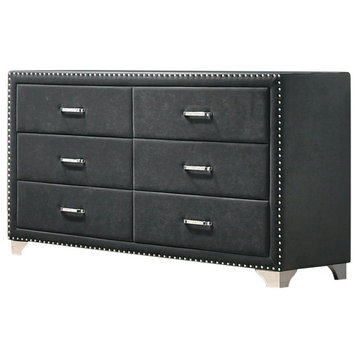 Benzara BM280339 60" Velvet Dresser, Modern Glam, 6 Drawer, Nailhead, Gray