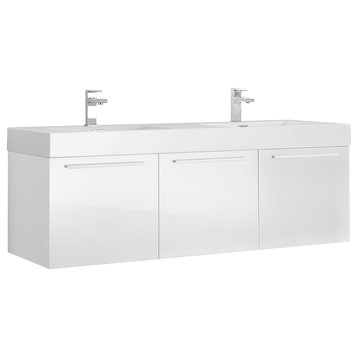 Fresca Vista 60" White Wall Hung Double Sink Cabinet With Integrated Sink