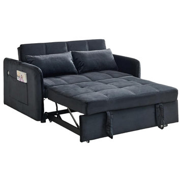 Convertible Sleeper Sofa, Square Tufted Seat With Side USB Charging Ports, Black