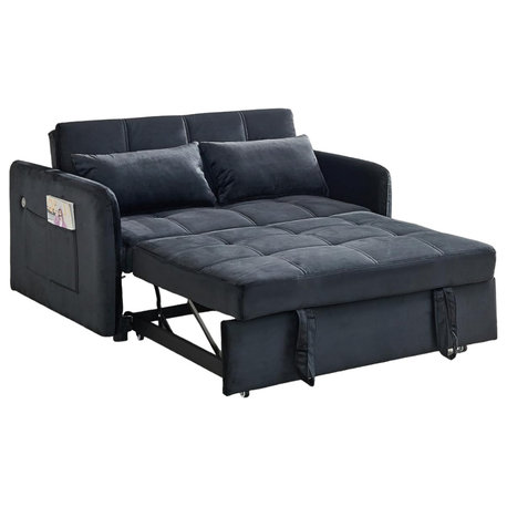 Convertible Sleeper Sofa with USB Ports and Square Tufted Velvet Seat, Black