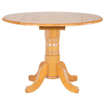 Traditional Dining Table, Pedestal Base & Round Top With Drop Leaves, Light Oak