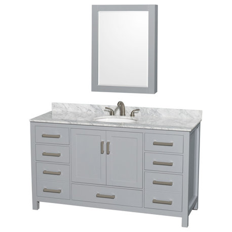 60" Single Vanity,Gray,White Carrara Marble Top,Oval Sink,Medicine Cabinet