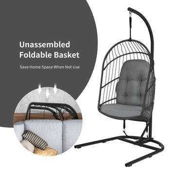 Costway Hanging Wicker Egg Chair w/ Stand Cushion Foldable Outdoor Indoor Gray