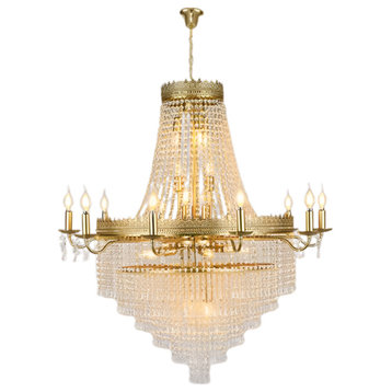 Opio Classical Large Crystal Candle Ceiling Chandelier, Gold, Dia23.6" H34.6", Dimmable, Cool Light
