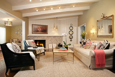Photo of a mid-sized traditional formal enclosed living room in Los Angeles with beige walls, dark hardwood floors, a standard fireplace, a tile fireplace surround and no tv.