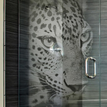 'Panther' Glass Shower Door 3D Laser Design to Accent Dark Interior
