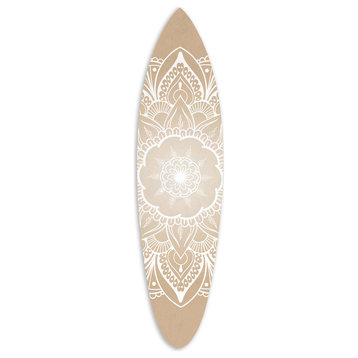 Benzara BM220213 Wooden Surfboard Wall Art with Medallion Print, Brown and White