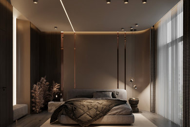Пример оригинального дизайна: хозяйская, серо-белая спальня среднего размера: освещение с бежевыми стенами и паркетным полом среднего тона