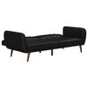 Futon Sofa, Slanted Oak Legs With Padded Seat & Ribbed Back, Black Faux Leather