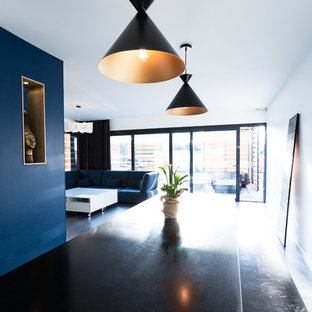 モンペリエの中サイズのコンテンポラリースタイルのLDKの画像 (青い壁、コンクリートの床、グレーの床)