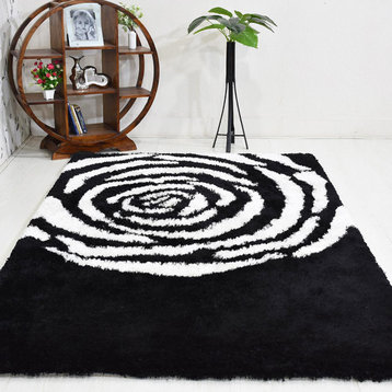 Hand Tufted Shag Polyester Area Rug Floral Black White, [Rectangle] 6'x9'