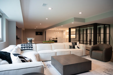 Example of a large minimalist formal and open concept vinyl floor and tray ceiling living room design in Detroit